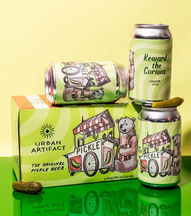 urban artifact pickle beer packing and cans with pickles